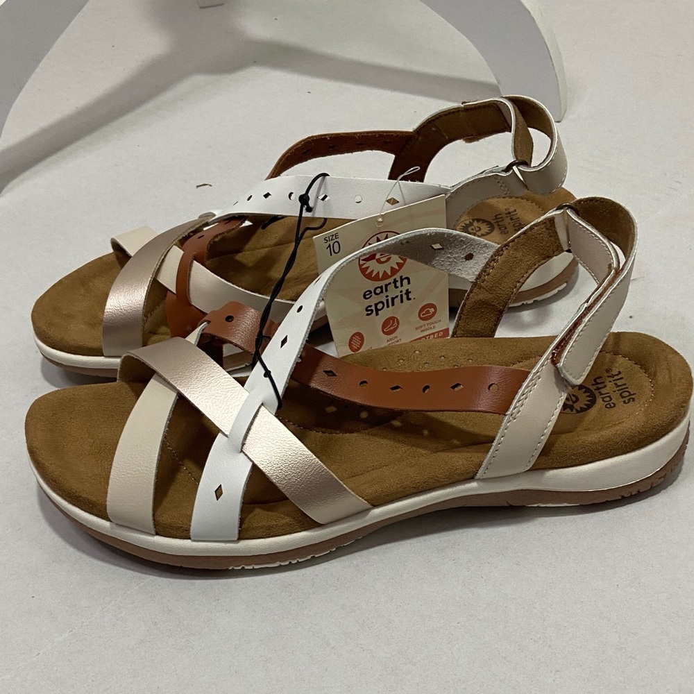 NWT Earth Spirit Size 10 Women's Cream & Tan Sandals Cushioned Soft - Picture 2 of 11